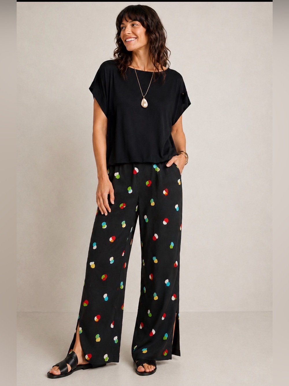 BL^NK London Black Wide Leg Pants Colorful Abstract Dot Print Boho Artsy NWOT